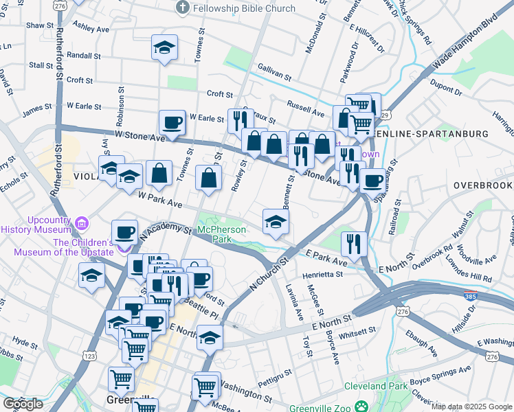 map of restaurants, bars, coffee shops, grocery stores, and more near 14 Vannoy Street in Greenville