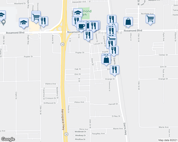 map of restaurants, bars, coffee shops, grocery stores, and more near 2000 Oak Street in Rosamond