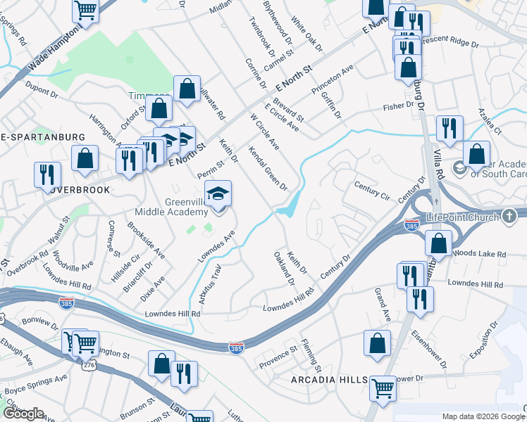 map of restaurants, bars, coffee shops, grocery stores, and more near 146 Keith Drive in Greenville