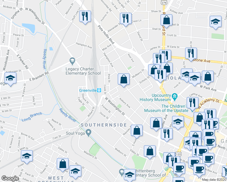 map of restaurants, bars, coffee shops, grocery stores, and more near 108 Mulberry Street in Greenville