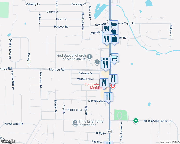 map of restaurants, bars, coffee shops, grocery stores, and more near 113 Bellevue Drive in Meridianville