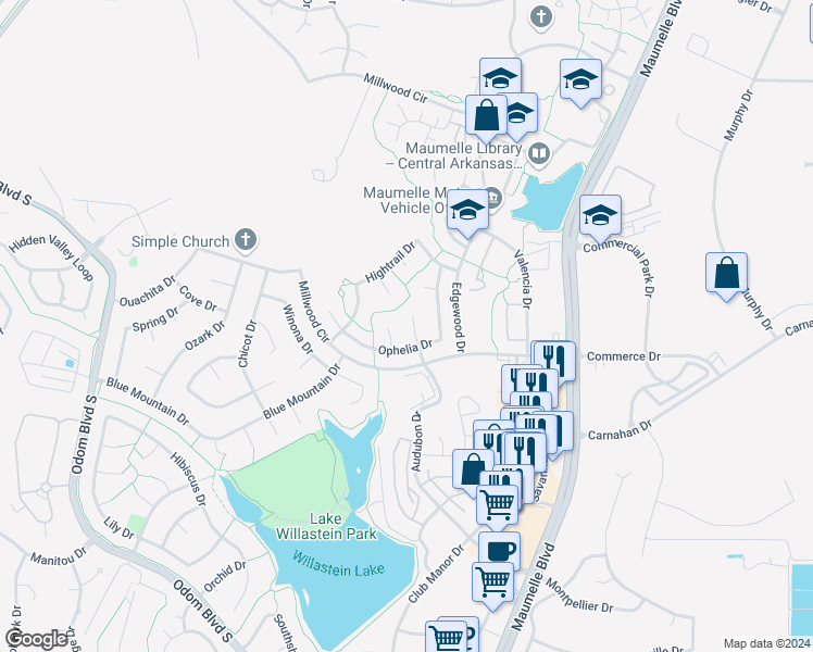 map of restaurants, bars, coffee shops, grocery stores, and more near 7 Christy Ln in Maumelle