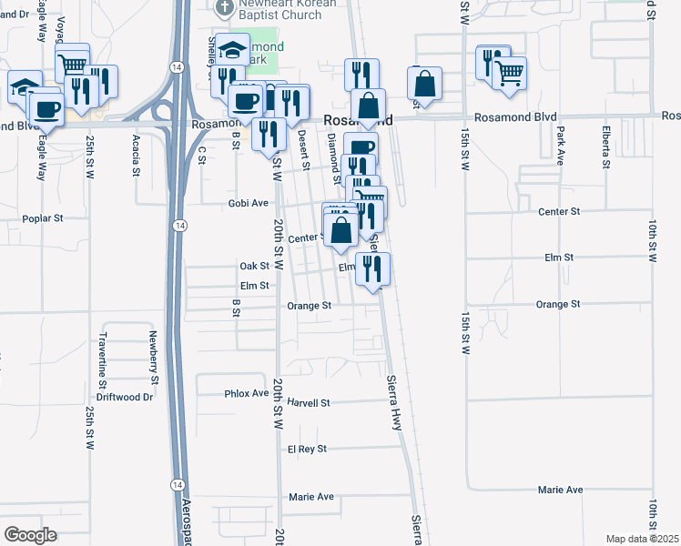 map of restaurants, bars, coffee shops, grocery stores, and more near 2565 Diamond Street in Rosamond
