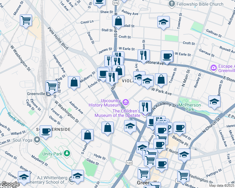 map of restaurants, bars, coffee shops, grocery stores, and more near 716 Buncombe Street in Greenville