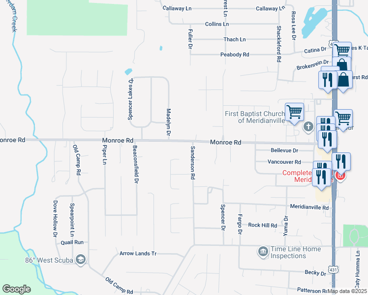 map of restaurants, bars, coffee shops, grocery stores, and more near 412 Monroe Road in Meridianville