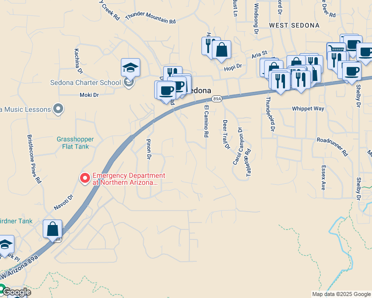 map of restaurants, bars, coffee shops, grocery stores, and more near 205 Arroyo Pinon Drive in Sedona