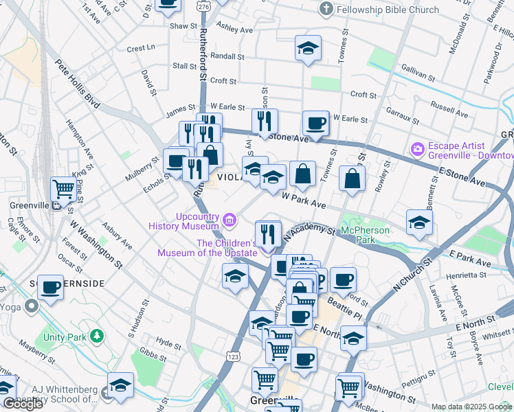 map of restaurants, bars, coffee shops, grocery stores, and more near 112 Atwood Street in Greenville