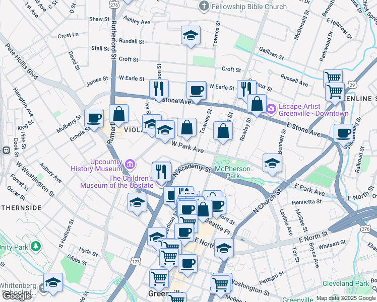 map of restaurants, bars, coffee shops, grocery stores, and more near 107 West Park Avenue in Greenville