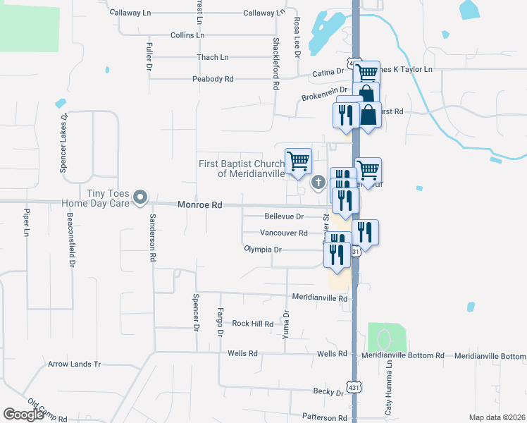 map of restaurants, bars, coffee shops, grocery stores, and more near 135 Bellevue Drive in Meridianville