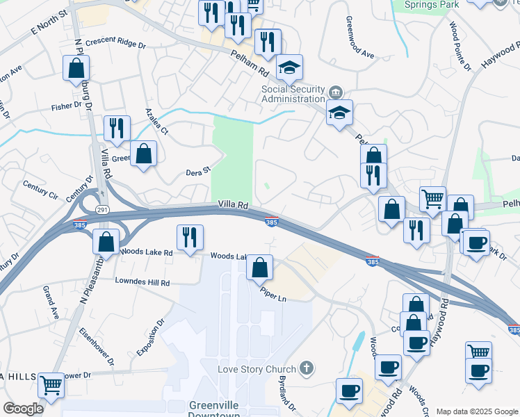 map of restaurants, bars, coffee shops, grocery stores, and more near 67 Villa Road in Greenville