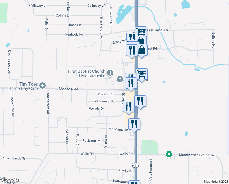 map of restaurants, bars, coffee shops, grocery stores, and more near 109 Bellevue Drive in Meridianville