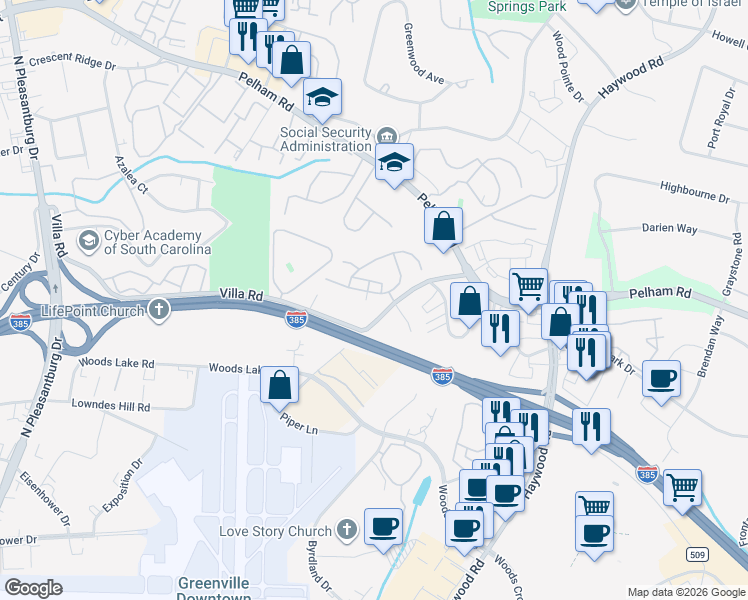 map of restaurants, bars, coffee shops, grocery stores, and more near 7 Rivoli Lane in Greenville