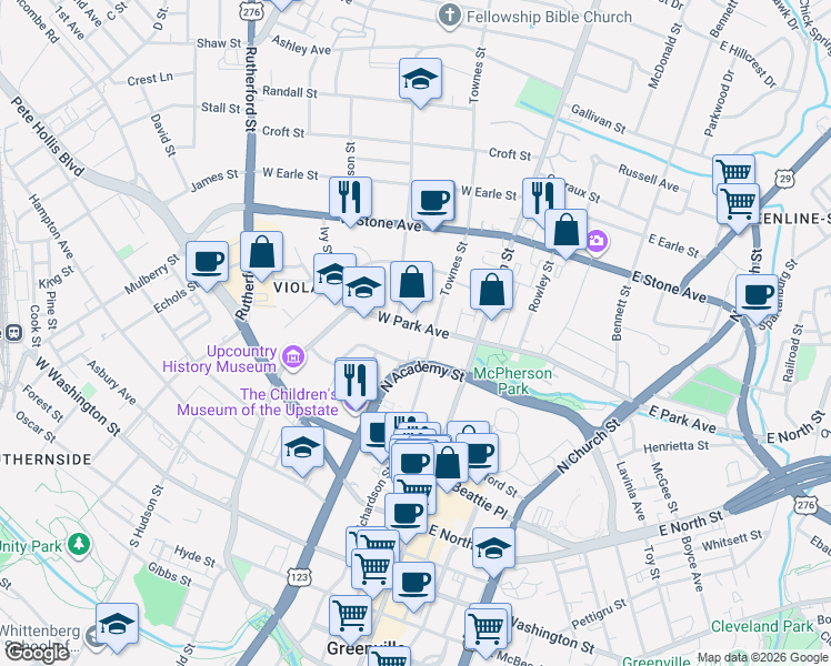 map of restaurants, bars, coffee shops, grocery stores, and more near 107 West Park Avenue in Greenville