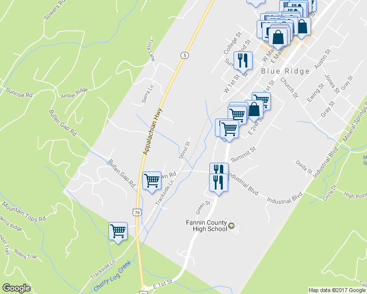 map of restaurants, bars, coffee shops, grocery stores, and more near 147 Doxol Street in Blue Ridge
