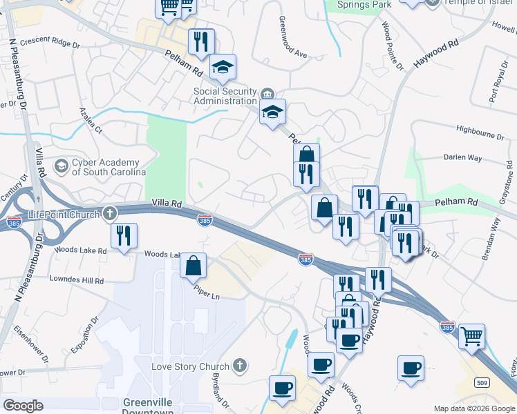 map of restaurants, bars, coffee shops, grocery stores, and more near 7 Rivoli Lane in Greenville