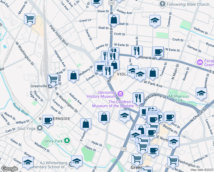 map of restaurants, bars, coffee shops, grocery stores, and more near 801 Buncombe Street in Greenville