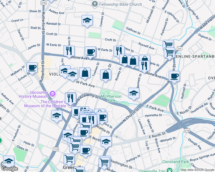 map of restaurants, bars, coffee shops, grocery stores, and more near 604C North Main Street in Greenville