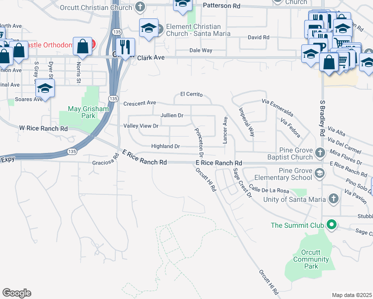 map of restaurants, bars, coffee shops, grocery stores, and more near 454 Highland Drive in Santa Maria