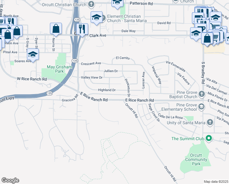 map of restaurants, bars, coffee shops, grocery stores, and more near 422 Highland Drive in Orcutt