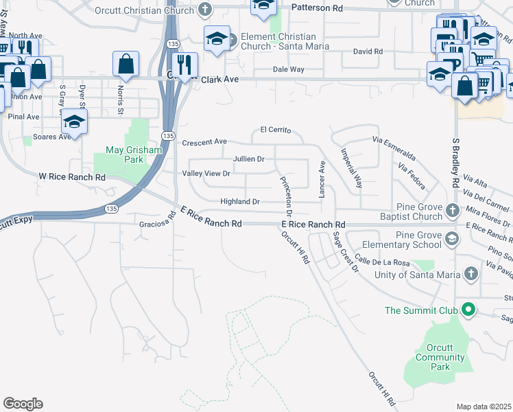 map of restaurants, bars, coffee shops, grocery stores, and more near 422 Highland Drive in Orcutt