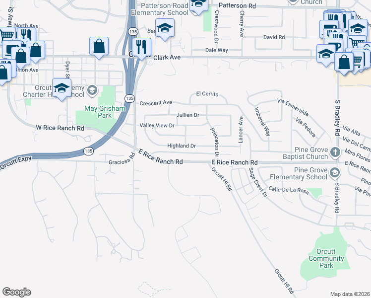 map of restaurants, bars, coffee shops, grocery stores, and more near 398 Highland Drive in Santa Maria