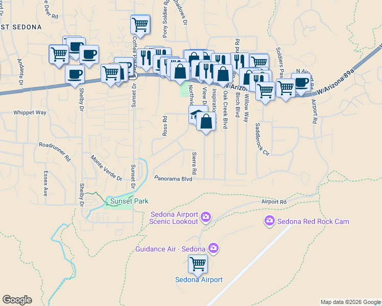 map of restaurants, bars, coffee shops, grocery stores, and more near 135 Sierra Road in Sedona