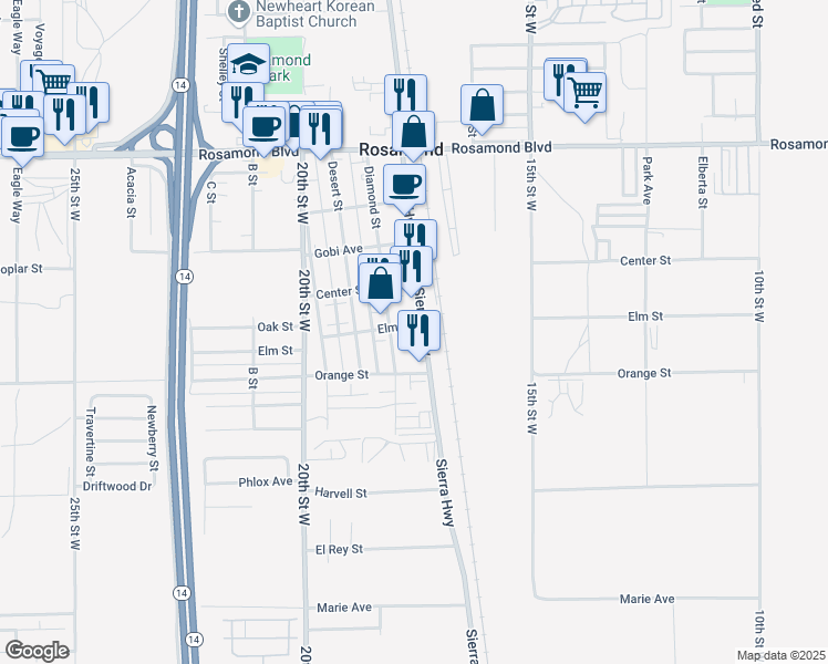 map of restaurants, bars, coffee shops, grocery stores, and more near 2 Sierra Highway in Palmdale