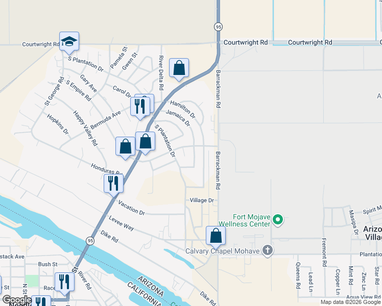 map of restaurants, bars, coffee shops, grocery stores, and more near 10263 Jamaica Drive in Mohave Valley
