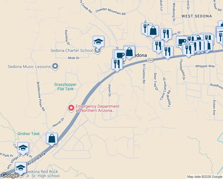 map of restaurants, bars, coffee shops, grocery stores, and more near 80 Pinon Drive in Sedona