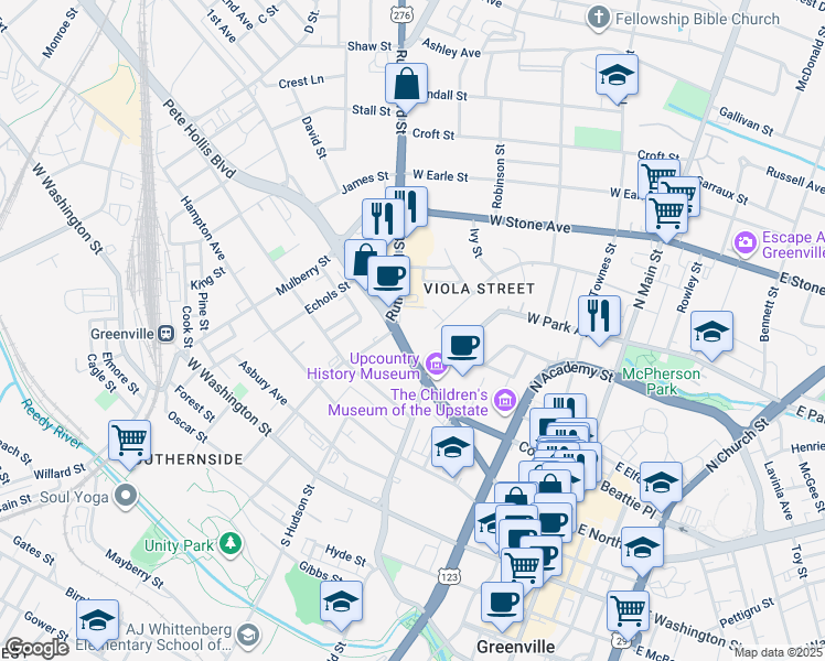 map of restaurants, bars, coffee shops, grocery stores, and more near 716 Buncombe Street in Greenville