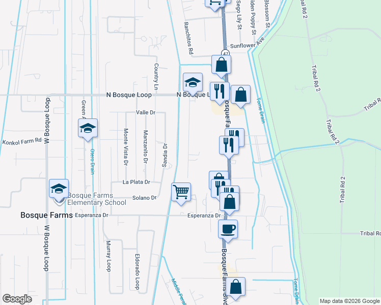 map of restaurants, bars, coffee shops, grocery stores, and more near 1110 Ranchero Road in Bosque Farms
