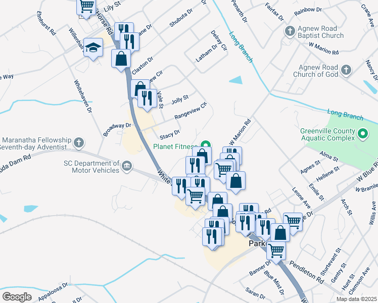 map of restaurants, bars, coffee shops, grocery stores, and more near 100 Ashe Drive in Greenville