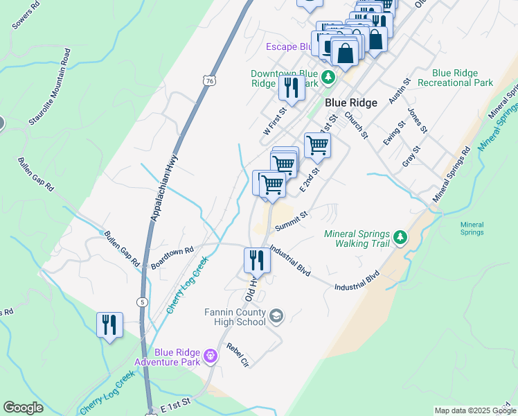map of restaurants, bars, coffee shops, grocery stores, and more near 1281 East Main Street in Blue Ridge