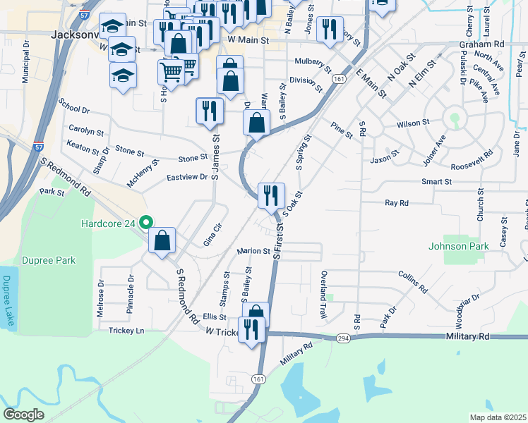 map of restaurants, bars, coffee shops, grocery stores, and more near 920 Arkansas 161 in Jacksonville