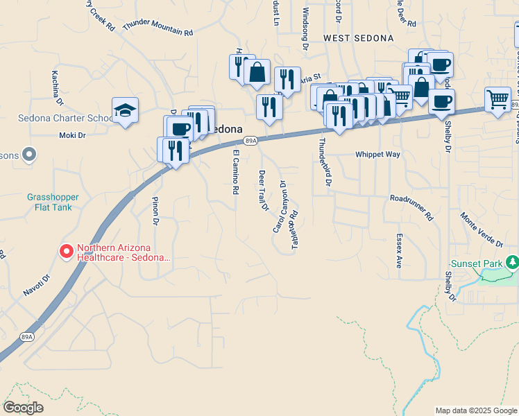 map of restaurants, bars, coffee shops, grocery stores, and more near 225 Deer Trail Drive in Sedona