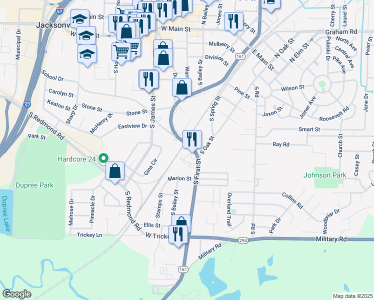map of restaurants, bars, coffee shops, grocery stores, and more near 920 Arkansas 161 in Jacksonville