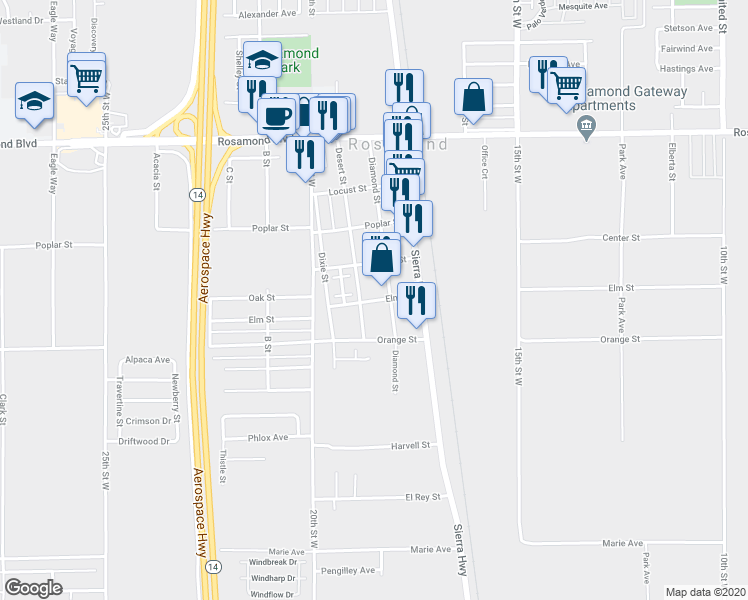 map of restaurants, bars, coffee shops, grocery stores, and more near 1849 Elm Street in Rosamond