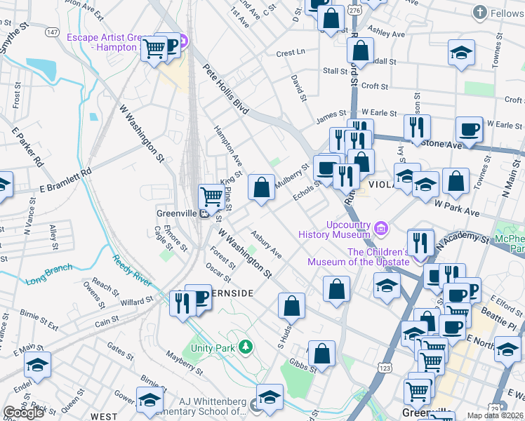 map of restaurants, bars, coffee shops, grocery stores, and more near 603 Hampton Avenue in Greenville