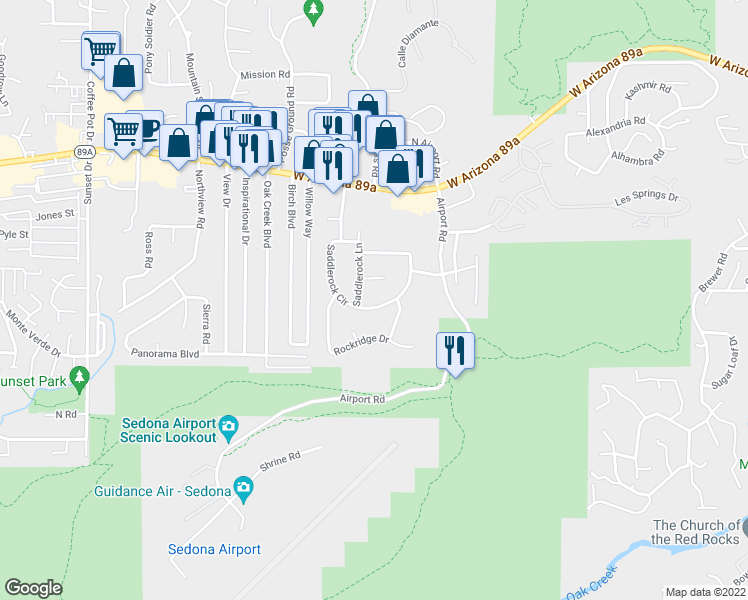 map of restaurants, bars, coffee shops, grocery stores, and more near 370 Saddlerock Circle in Sedona