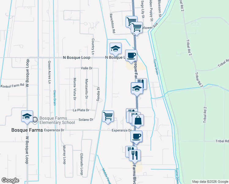 map of restaurants, bars, coffee shops, grocery stores, and more near 1110 Ranchero Road in Bosque Farms
