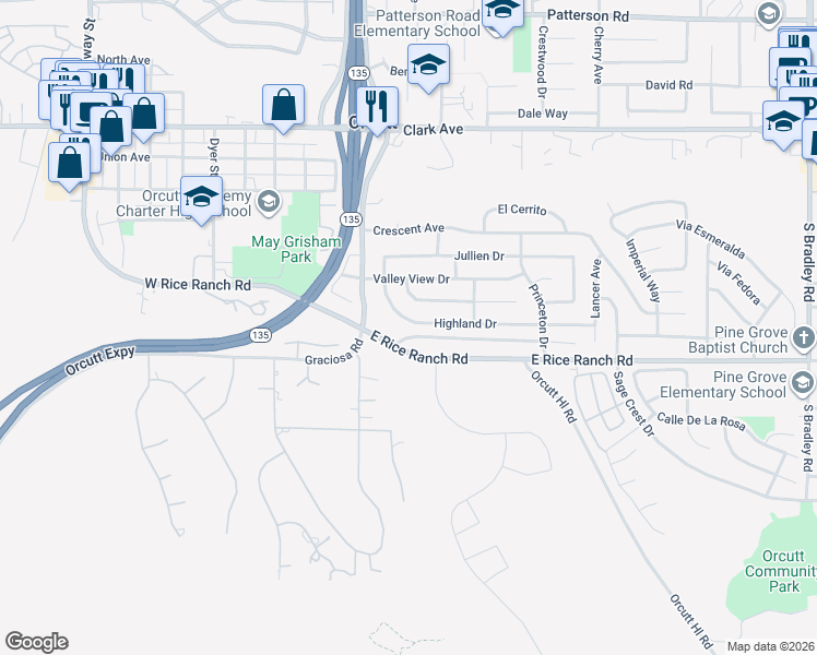 map of restaurants, bars, coffee shops, grocery stores, and more near 218 Highland Drive in Orcutt
