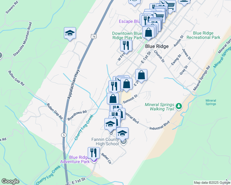 map of restaurants, bars, coffee shops, grocery stores, and more near 1281 East Main Street in Blue Ridge