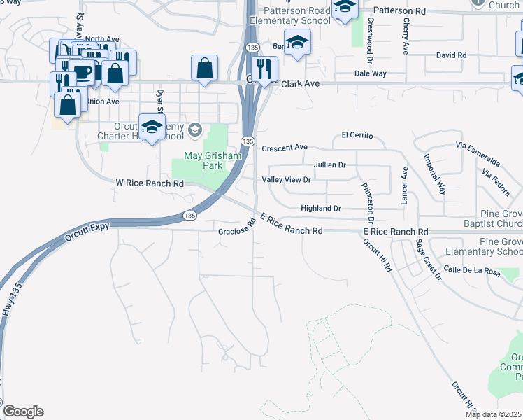 map of restaurants, bars, coffee shops, grocery stores, and more near 101 East Rice Ranch Road in Santa Maria