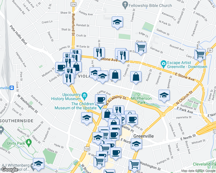 map of restaurants, bars, coffee shops, grocery stores, and more near 205 W Park Ave in Greenville