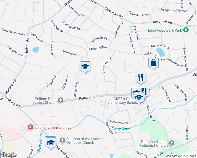 map of restaurants, bars, coffee shops, grocery stores, and more near 4962 Crosscreek Lane in Greenville
