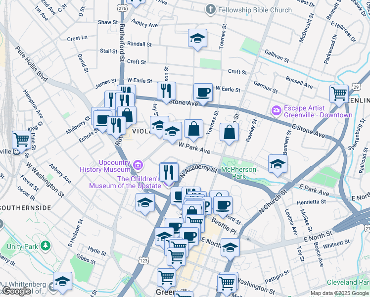 map of restaurants, bars, coffee shops, grocery stores, and more near 205 West Park Avenue in Greenville