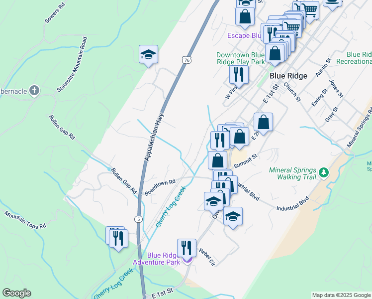 map of restaurants, bars, coffee shops, grocery stores, and more near 147 Doxol Street in Blue Ridge