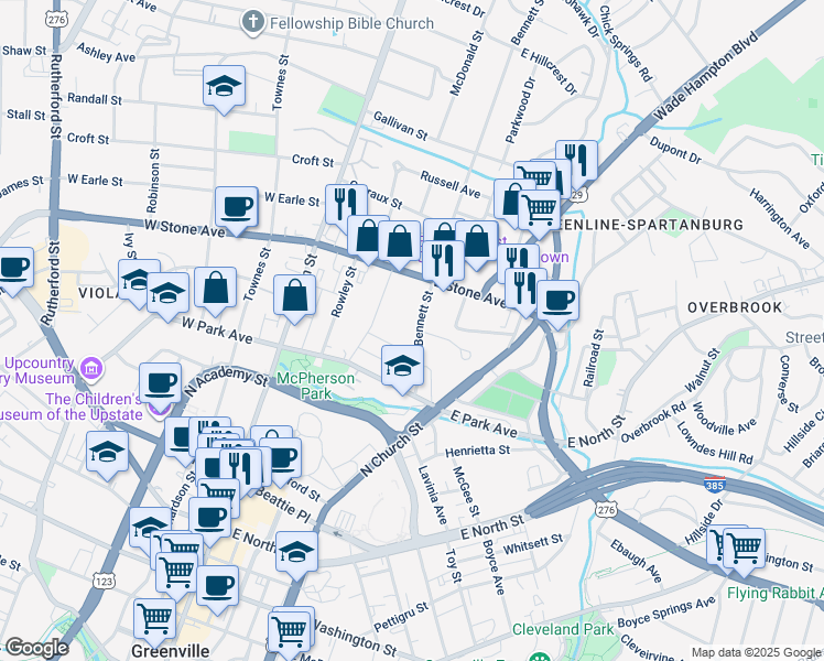 map of restaurants, bars, coffee shops, grocery stores, and more near 103 Bennett Street in Greenville