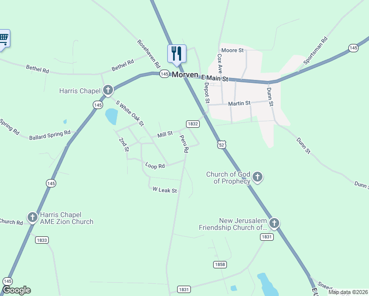 map of restaurants, bars, coffee shops, grocery stores, and more near 402 Peru Road in Morven