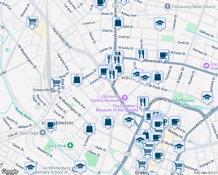 map of restaurants, bars, coffee shops, grocery stores, and more near 801 Buncombe Street in Greenville